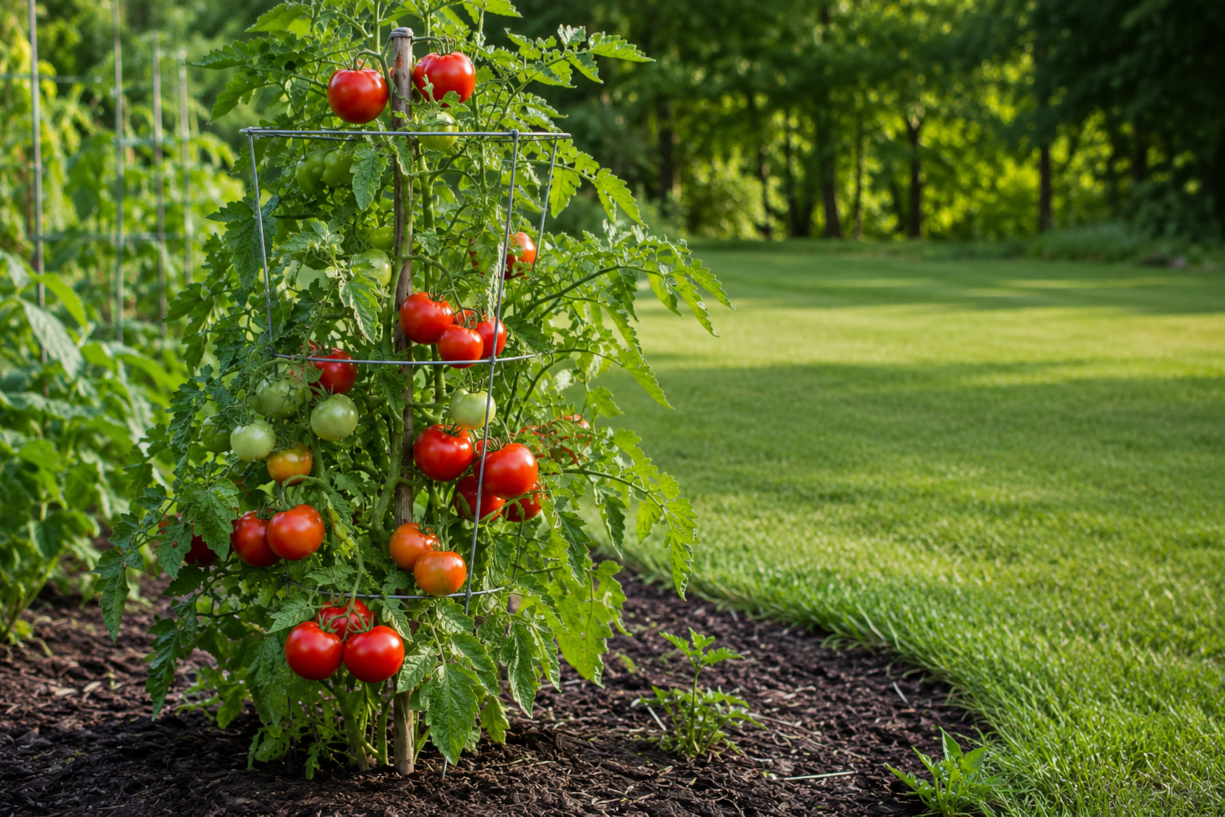 Mature tomato plant with red fruit growing on a supported vine.