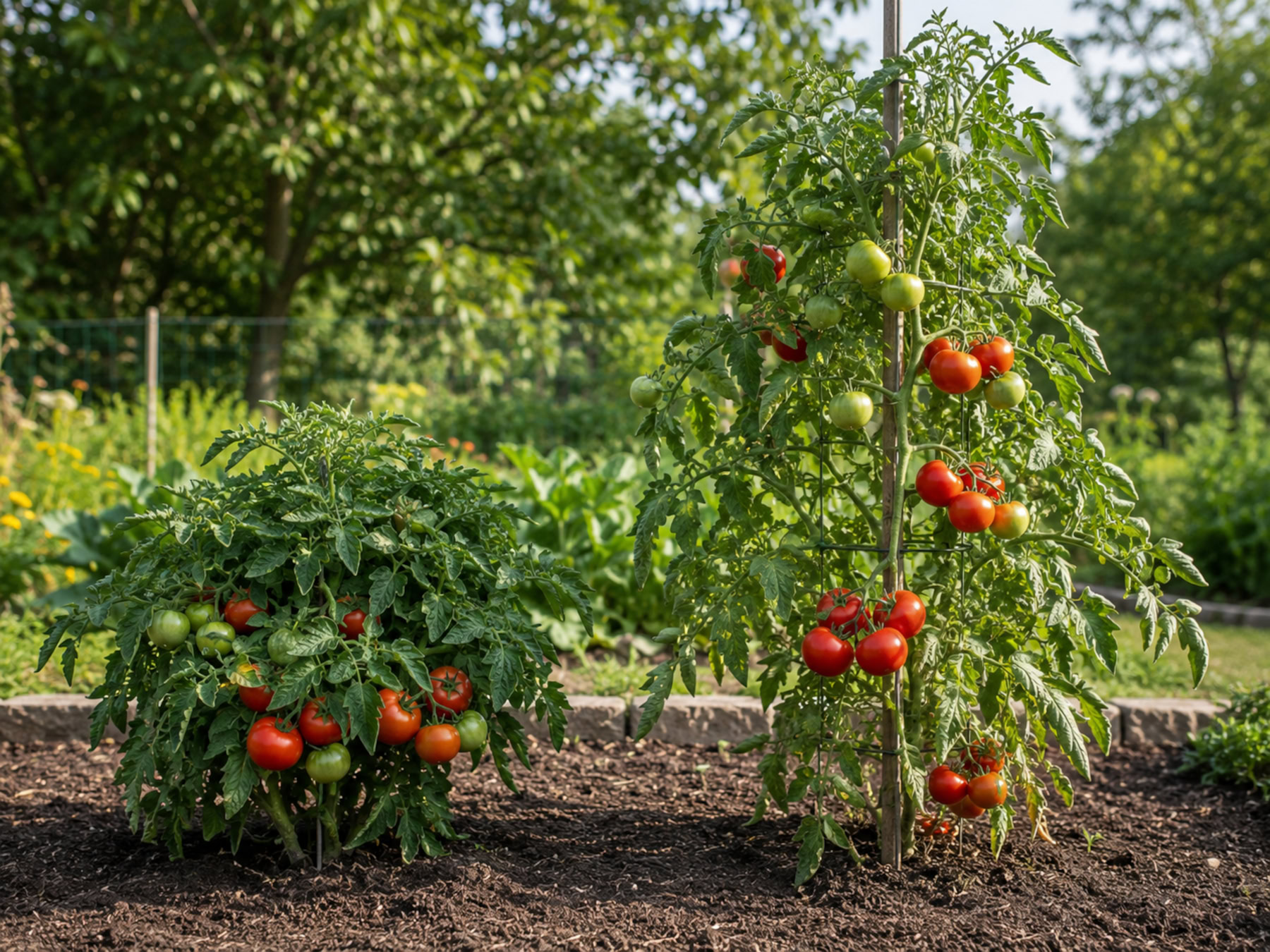 Compact bush tomato beside a taller staked vining tomato.