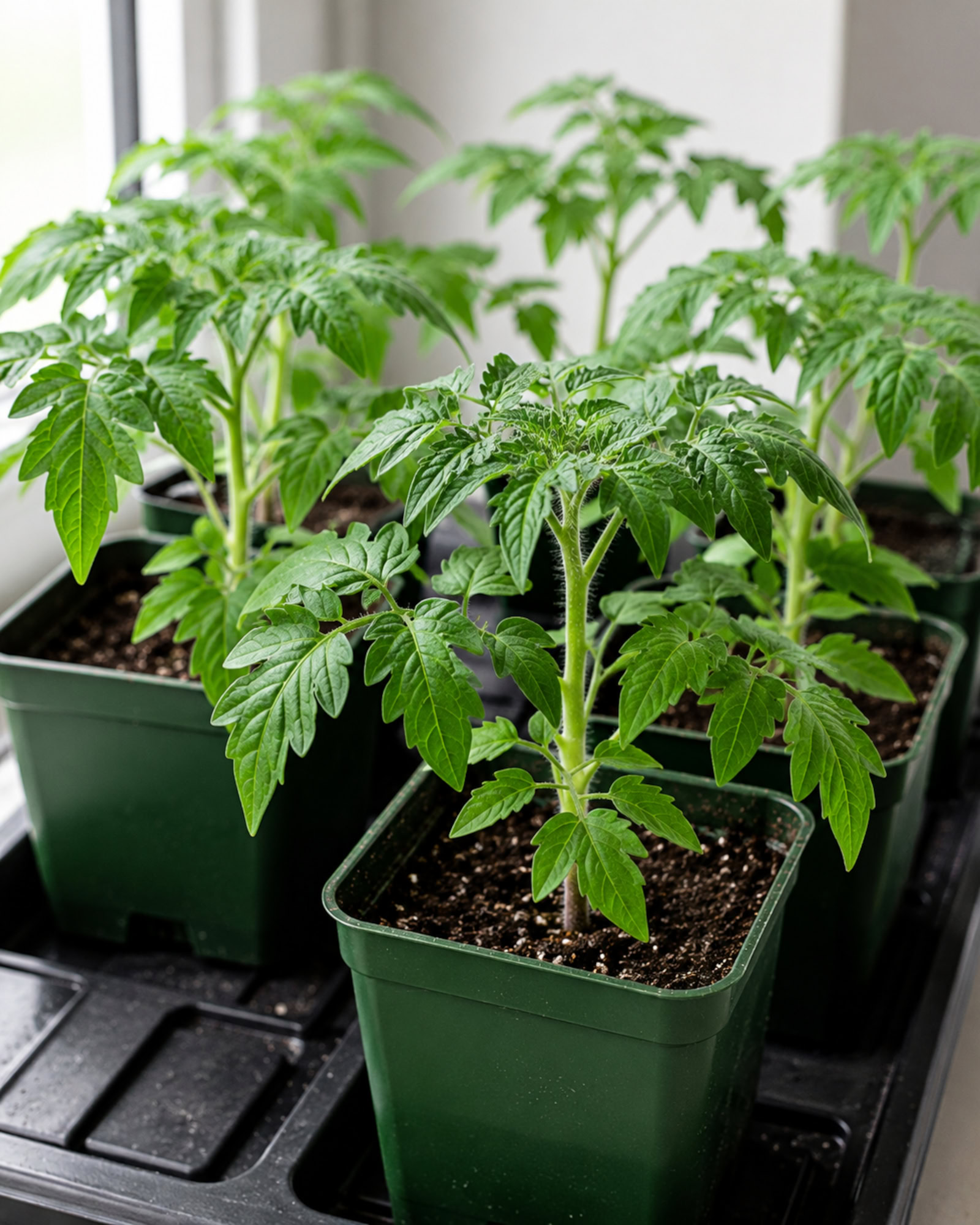 Healthy tomato seedlings with sturdy stems and dark green leaves.