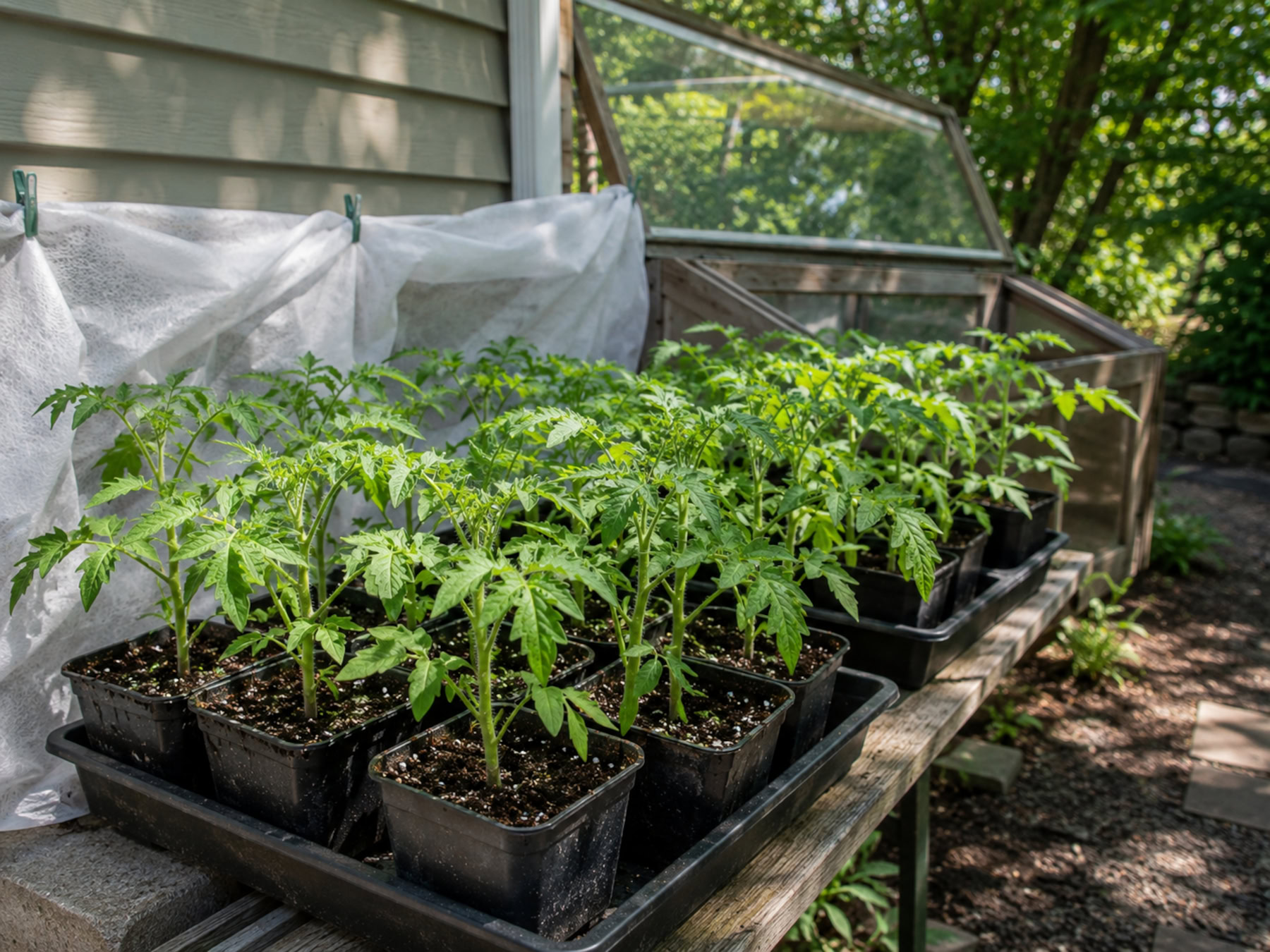 Tomato seedlings outside in trays during hardening off.