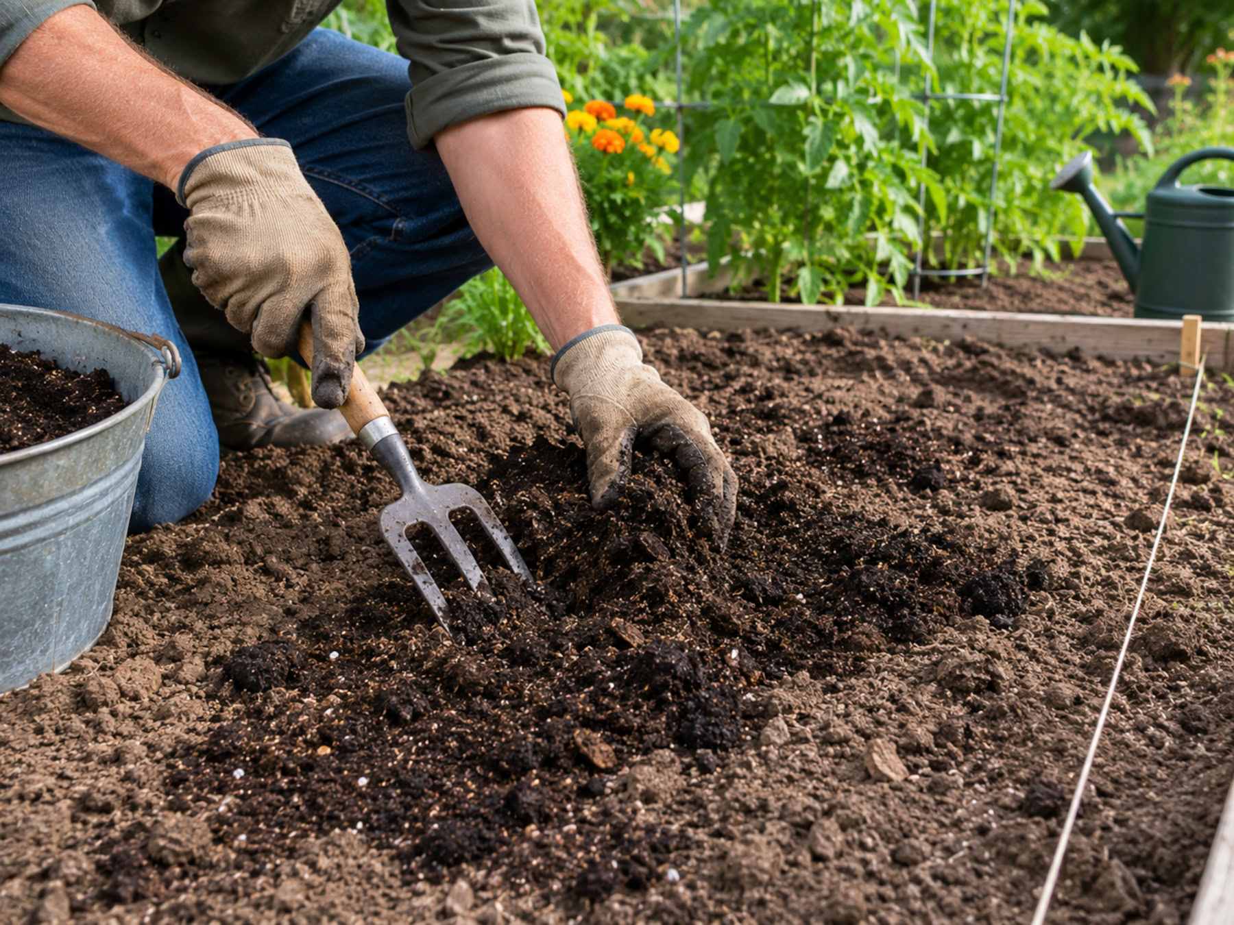 Gardener mixing mature compost into a prepared tomato bed.