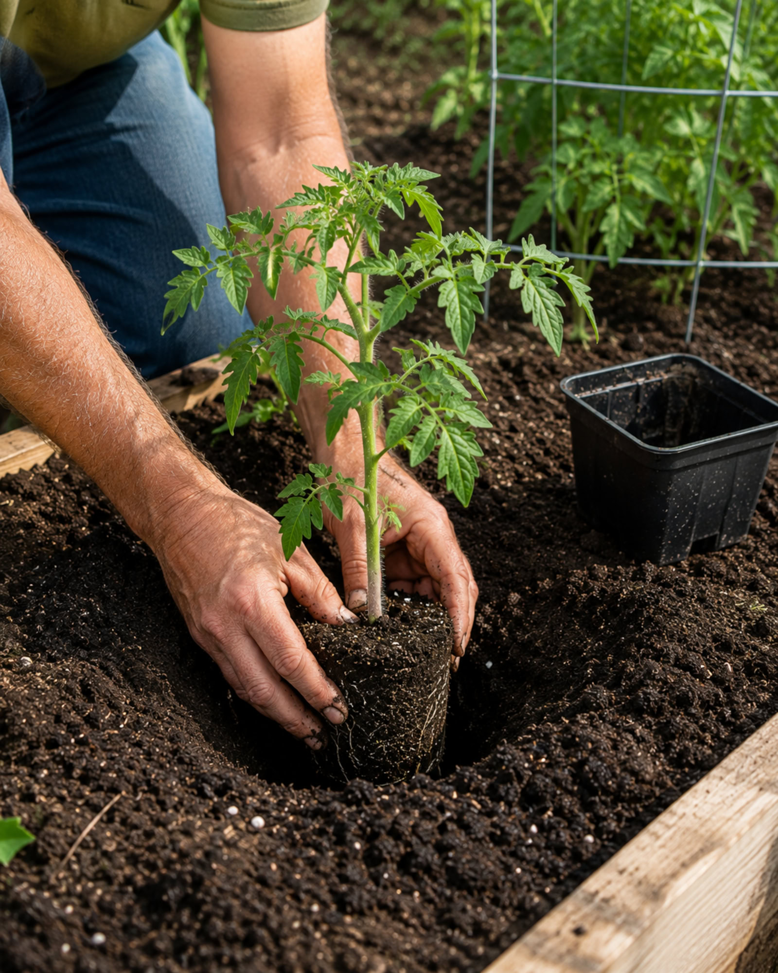 Gardener setting a tomato seedling into a prepared planting hole, with the lowest leaves kept above the soil.
