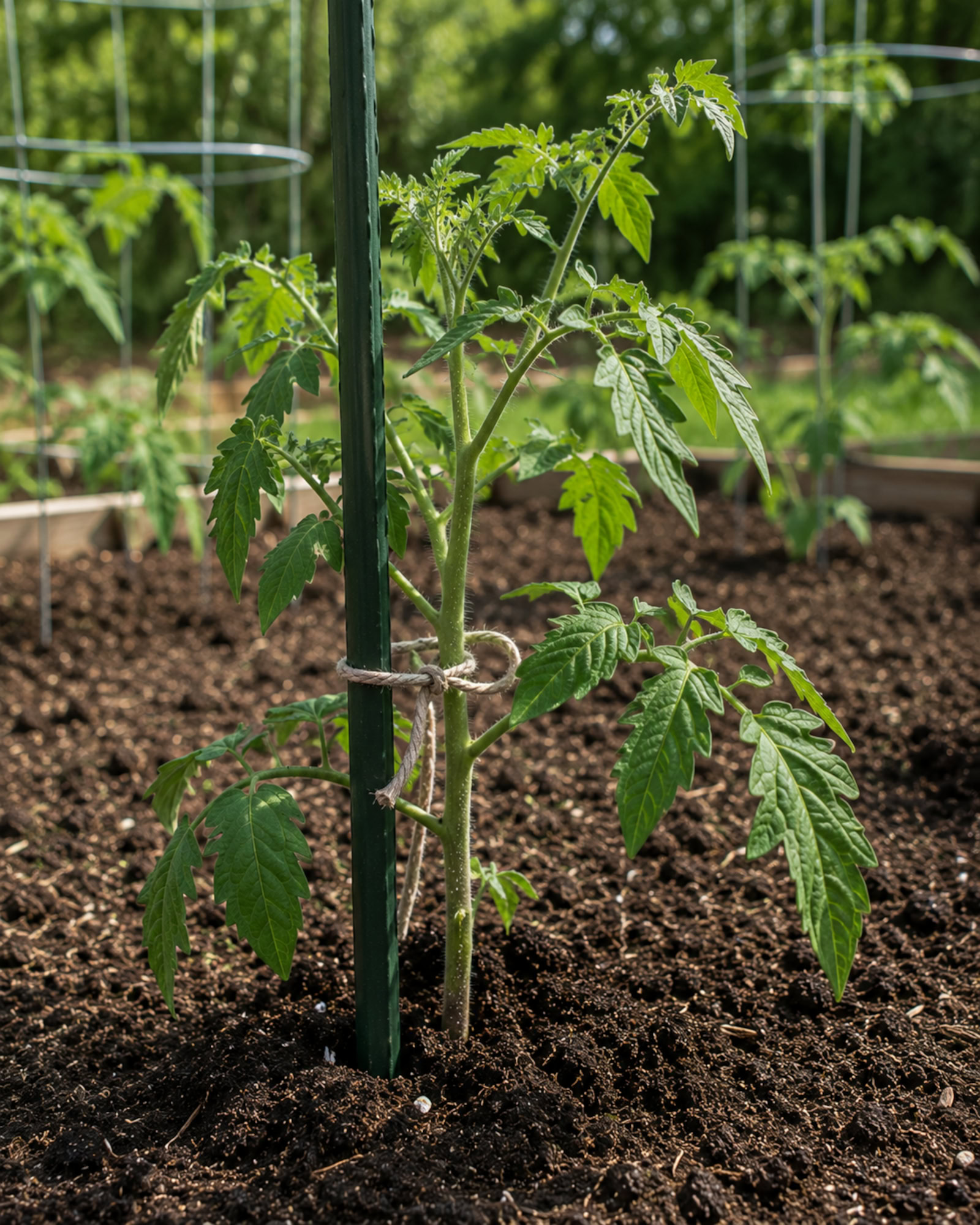 Young tomato plant loosely tied to a tall garden stake.