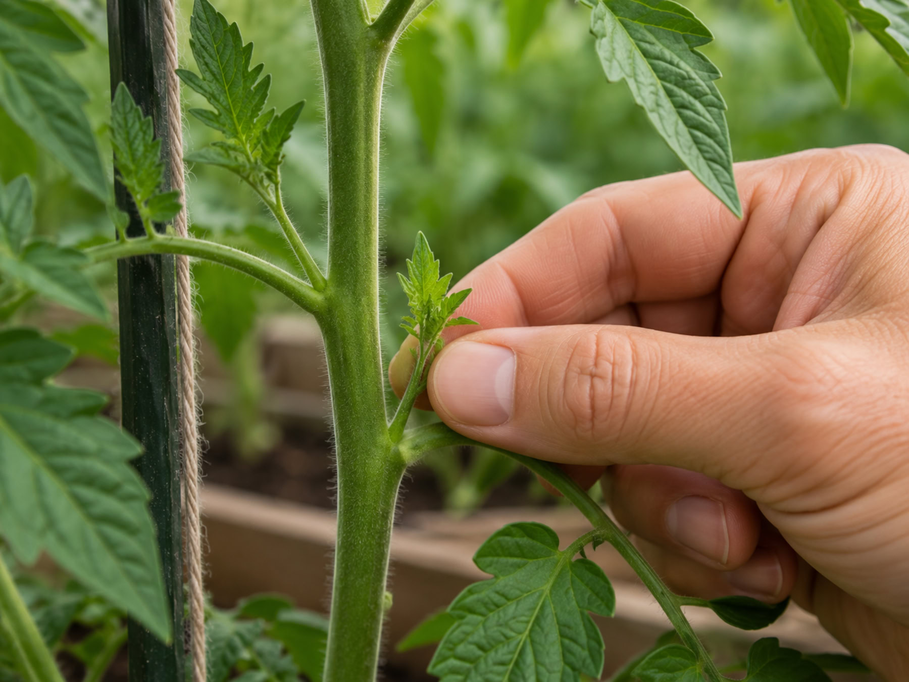 Hand removing a small tomato side shoot between the main stem and leaf.