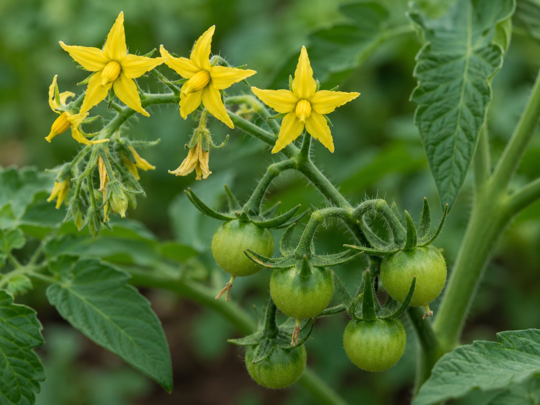 Yellow tomato flowers and small developing green tomatoes on a vine.