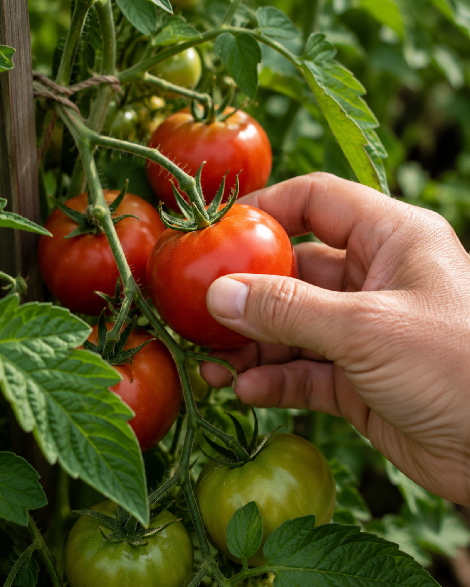Hand picking a ripe red tomato from a garden vine.